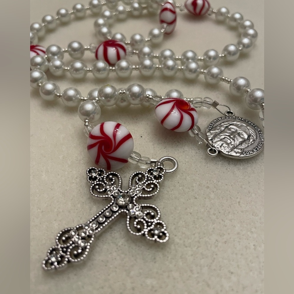 One Of A Kind Heirloom Rosary Pearls, Peppermint and Crystals